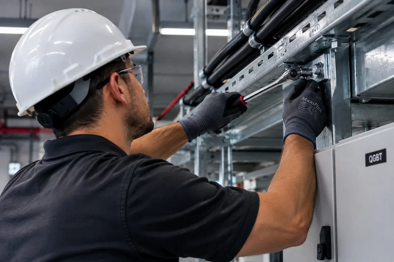 Profissional de manutenção fixando uma eletrocalha junto ao quadro geral